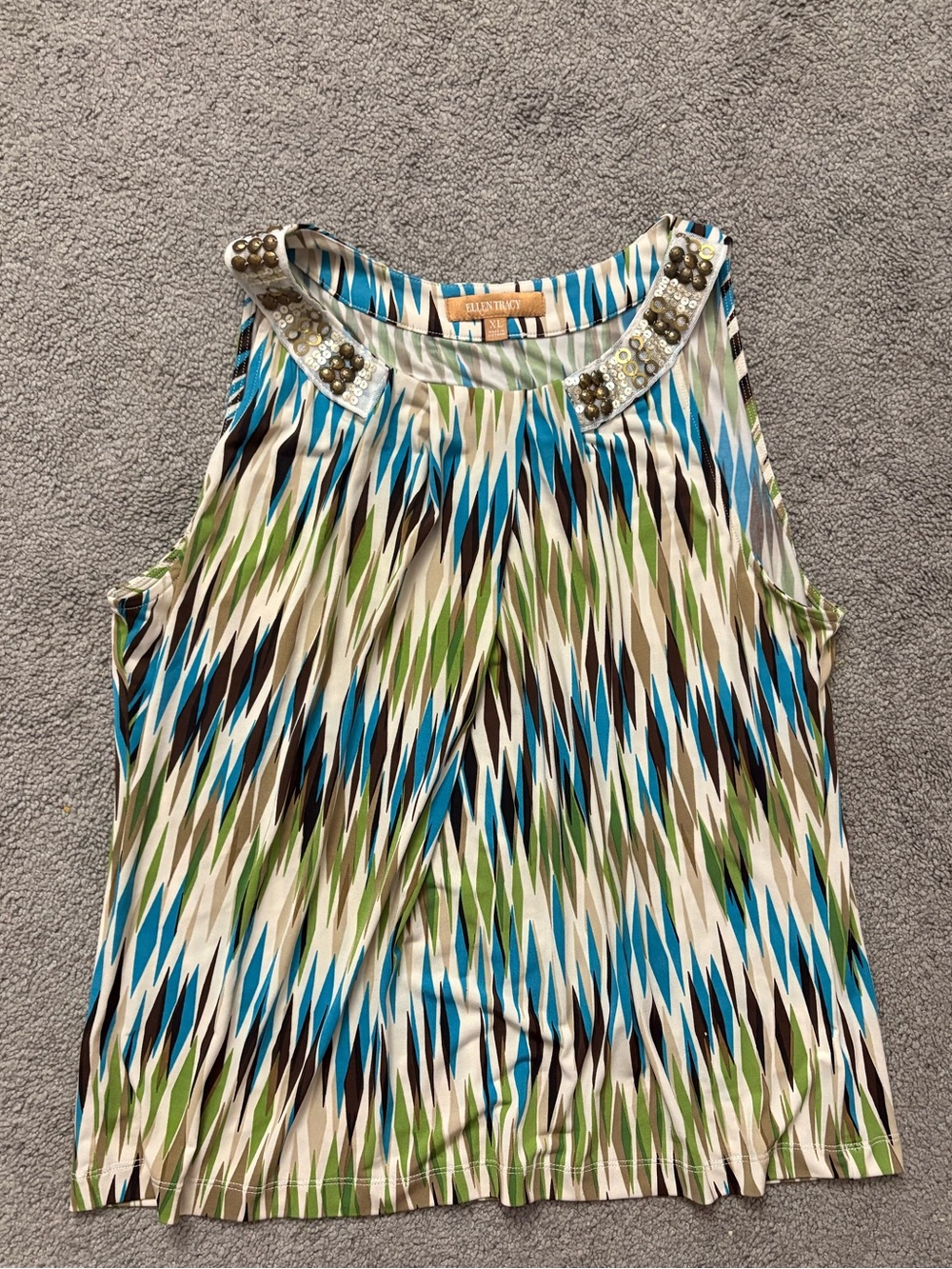 Ellen Tracy Sleeveless Beaded Neckline Tank - Blue, Green, Brown, Cream size XL